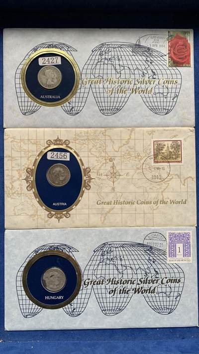 《竞宝斋》第481场 周日，周一 2场连拍 （全场包邮）20级店铺 欢迎送拍 - 邮币封3张，含2枚奥匈帝国1克朗银币和1枚澳大利亚1先令银币。