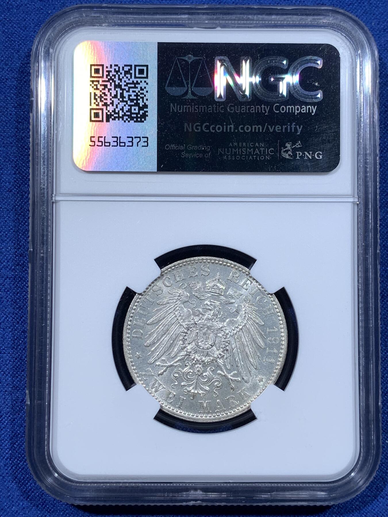 《竞宝斋》第481场 周日，周一 2场连拍 （全场包邮）20级店铺 欢迎送拍 NGC MS61 德国 1911D 巴伐利亚摄政王 柳特波德 90大寿 2马克银币