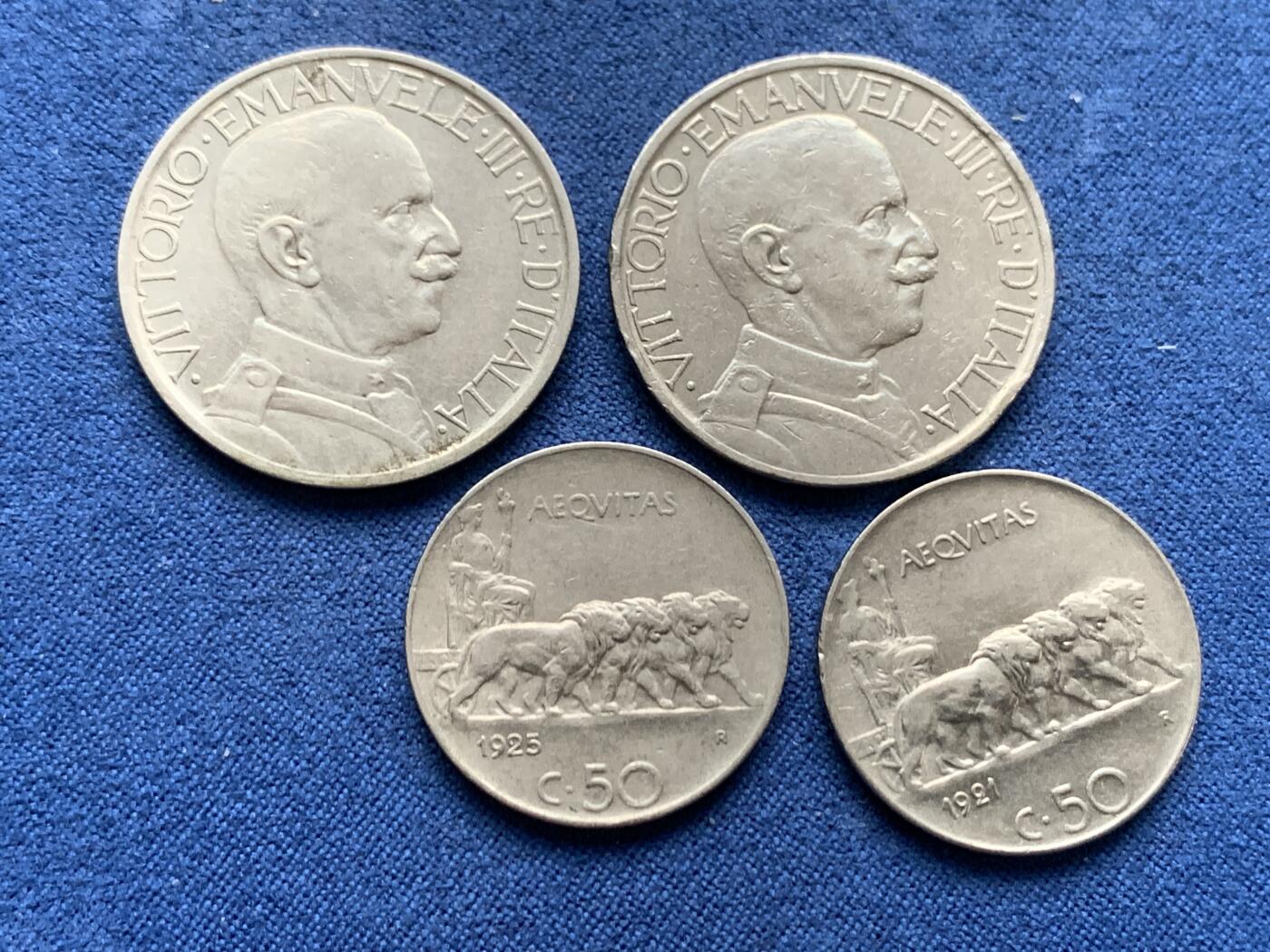 《竞宝斋》第481场 周日，周一 2场连拍 （全场包邮）20级店铺 欢迎送拍 四枚一组 意大利1921/1925年50分狮子拉车，1924/1925年2里拉。