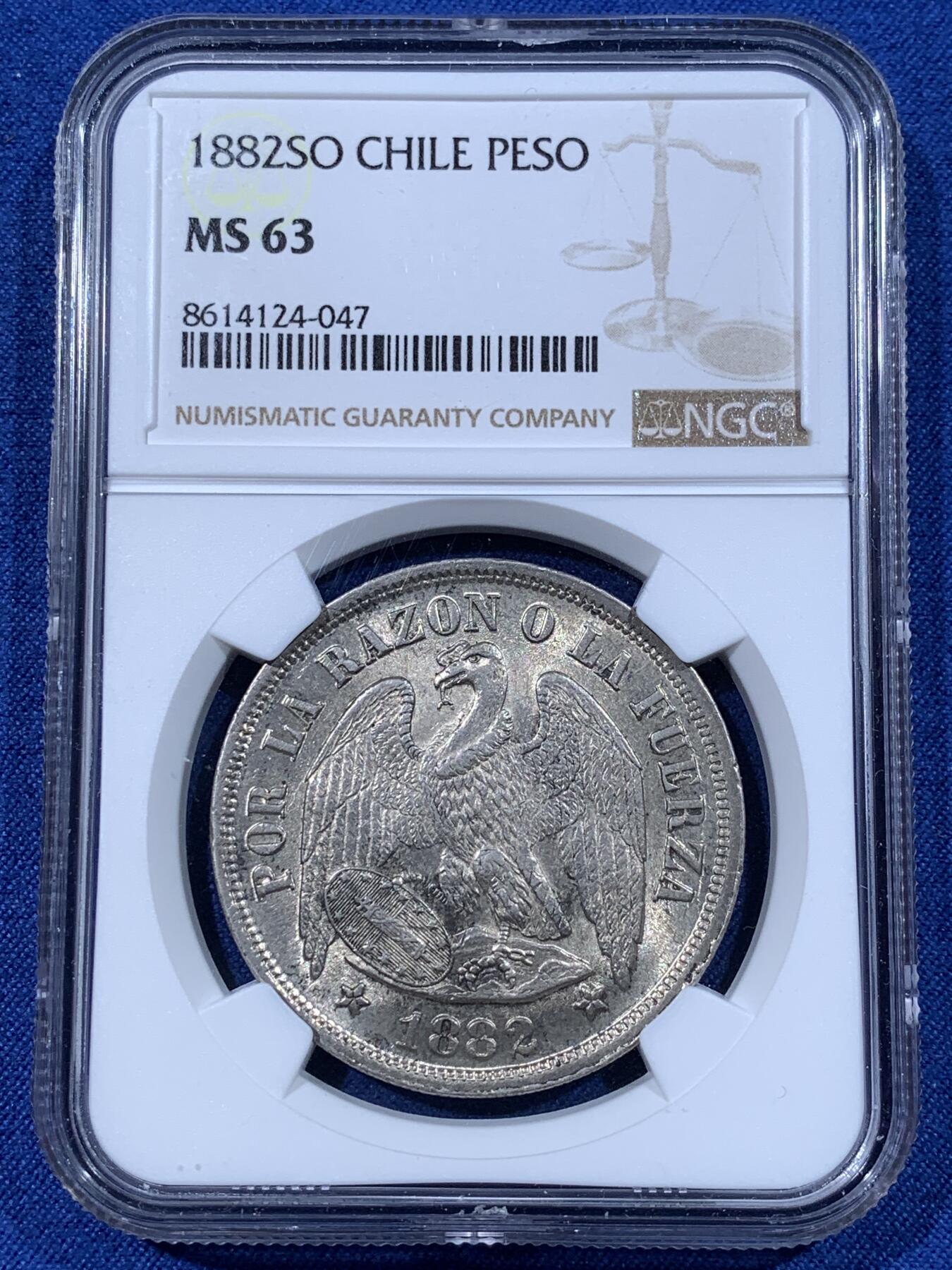 《竞宝斋》第481场 周日，周一 2场连拍 （全场包邮）20级店铺 欢迎送拍 NGC MS63 智利1882年1比索大银币