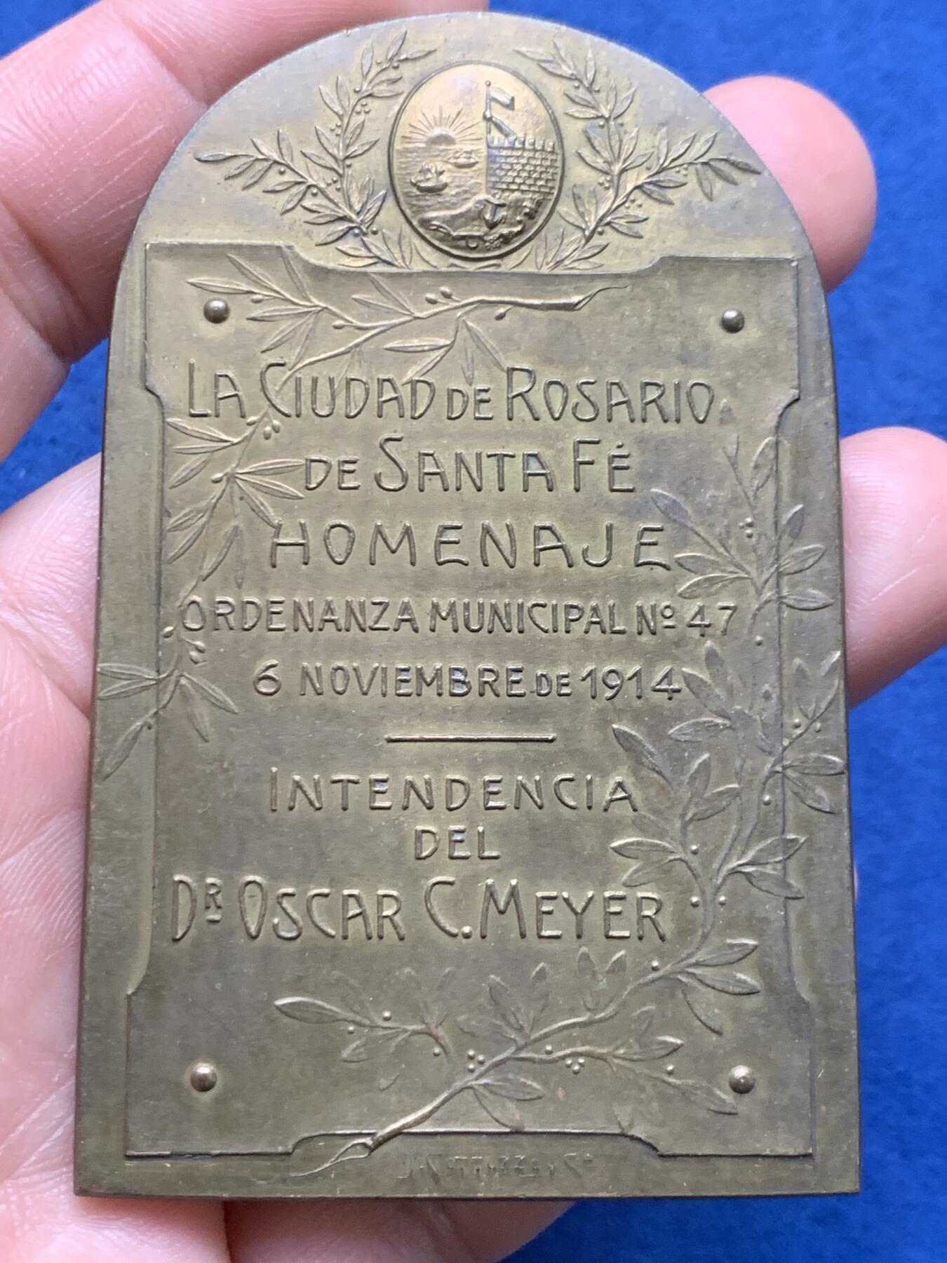 《竞宝斋》第481场 周日，周一 2场连拍 （全场包邮）20级店铺 欢迎送拍 好品 阿根廷1914年异形纪念铜章 47*78mm 103.5g