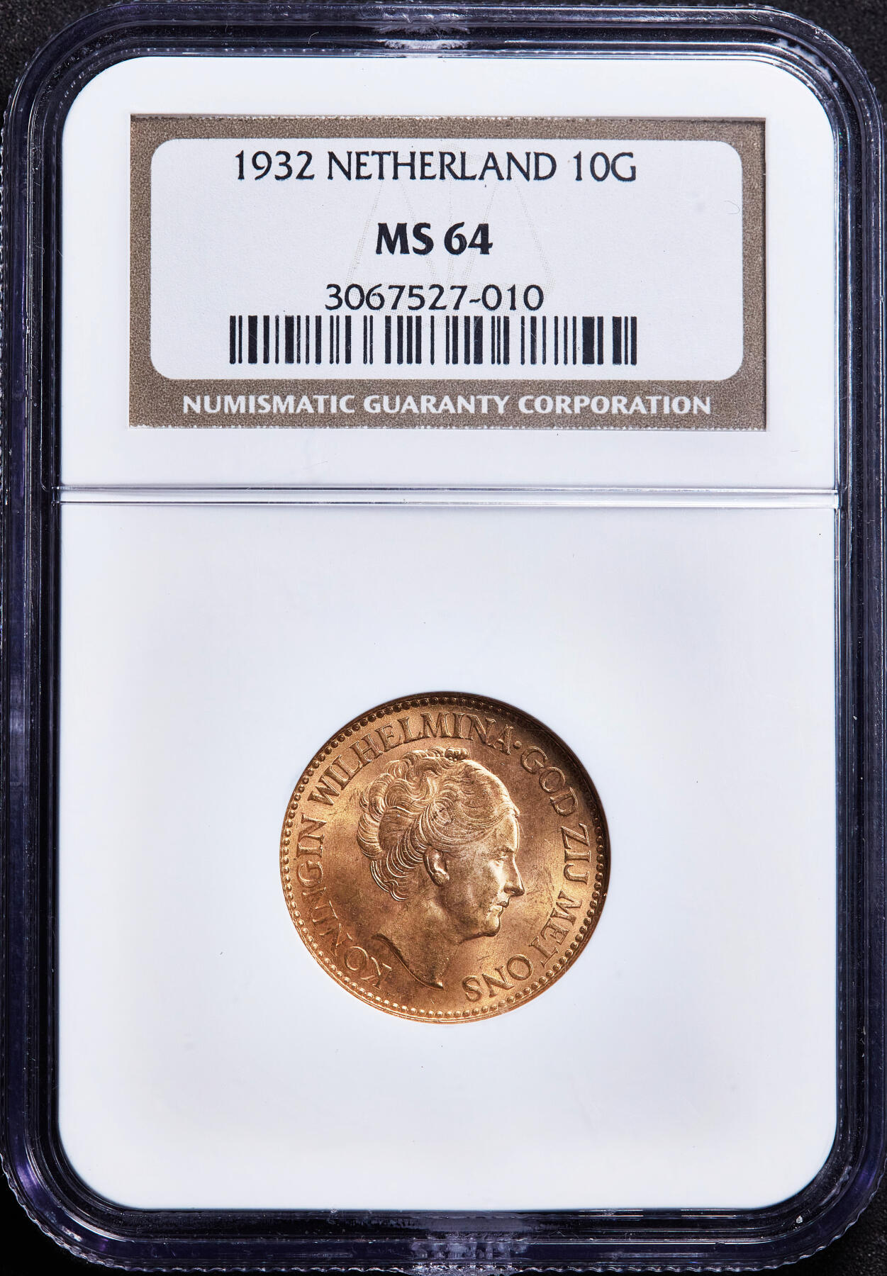 【俄甄集藏】满园春色-2026年(051)04-22星期三 晚 19:30 全场包邮 荷兰1932年威廉明娜10盾金币，NGC MS64，转光品相，重6.729克，900金，经典品种