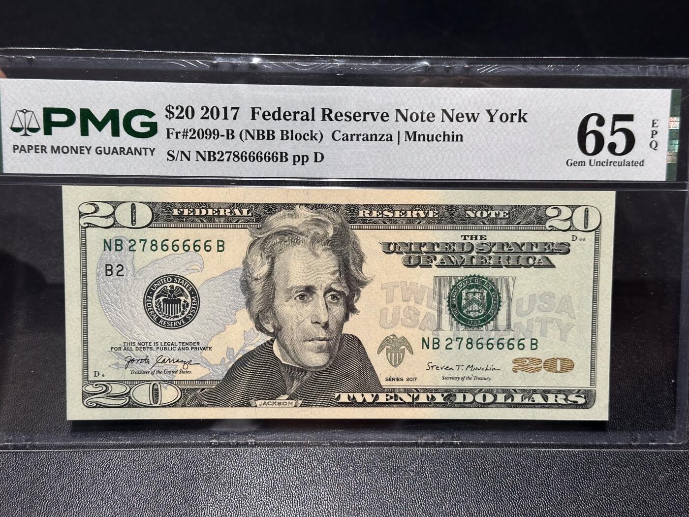 《外钞收藏家》第六百二十八期（精品百拍场）（长期征集拍品、欢迎藏友们联系合作） 2017年美国彩版20美元 PMG65 老虎号5个6