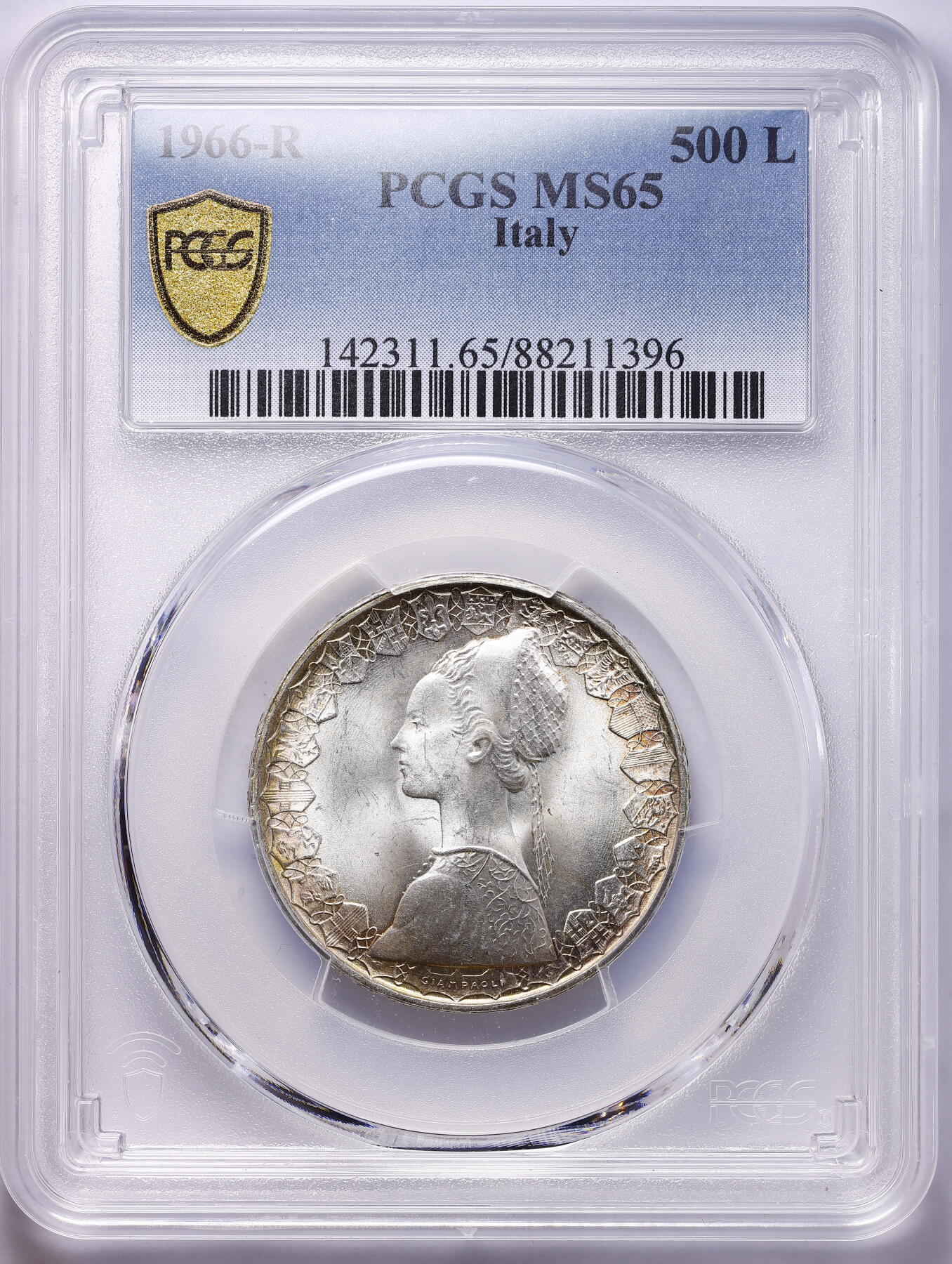 观钱 近现代机制币拍卖No.009（全场顺丰包邮，不区分偏远地区）  1966-R “少女与帆船”意大利 500 里拉银币（罗马造币厂） PCGS MS65，精致黄油五彩