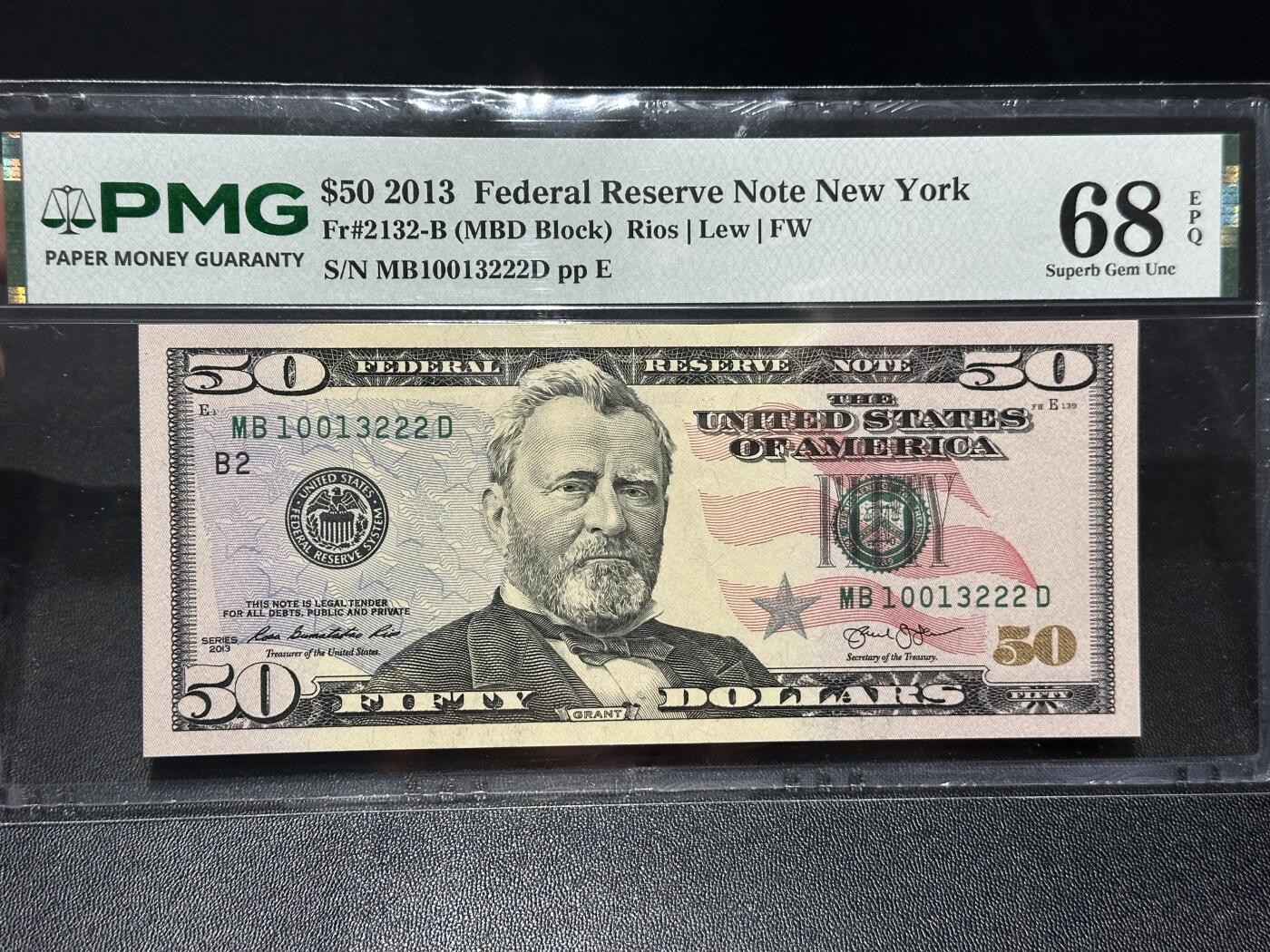 《外钞收藏家》第六百二十八期（精品百拍场）（长期征集拍品、欢迎藏友们联系合作） 2013年美国彩版50美元 PMG68 无47 豹子号222