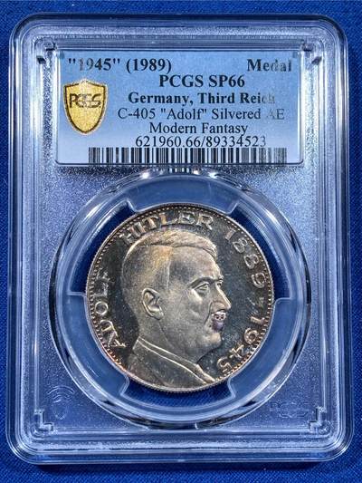 《竞宝斋》第481场 周日，周一 2场连拍 （全场包邮）20级店铺 欢迎送拍 - PCGS SP66 德国元首1989年镀银纪念章 五彩非常漂亮