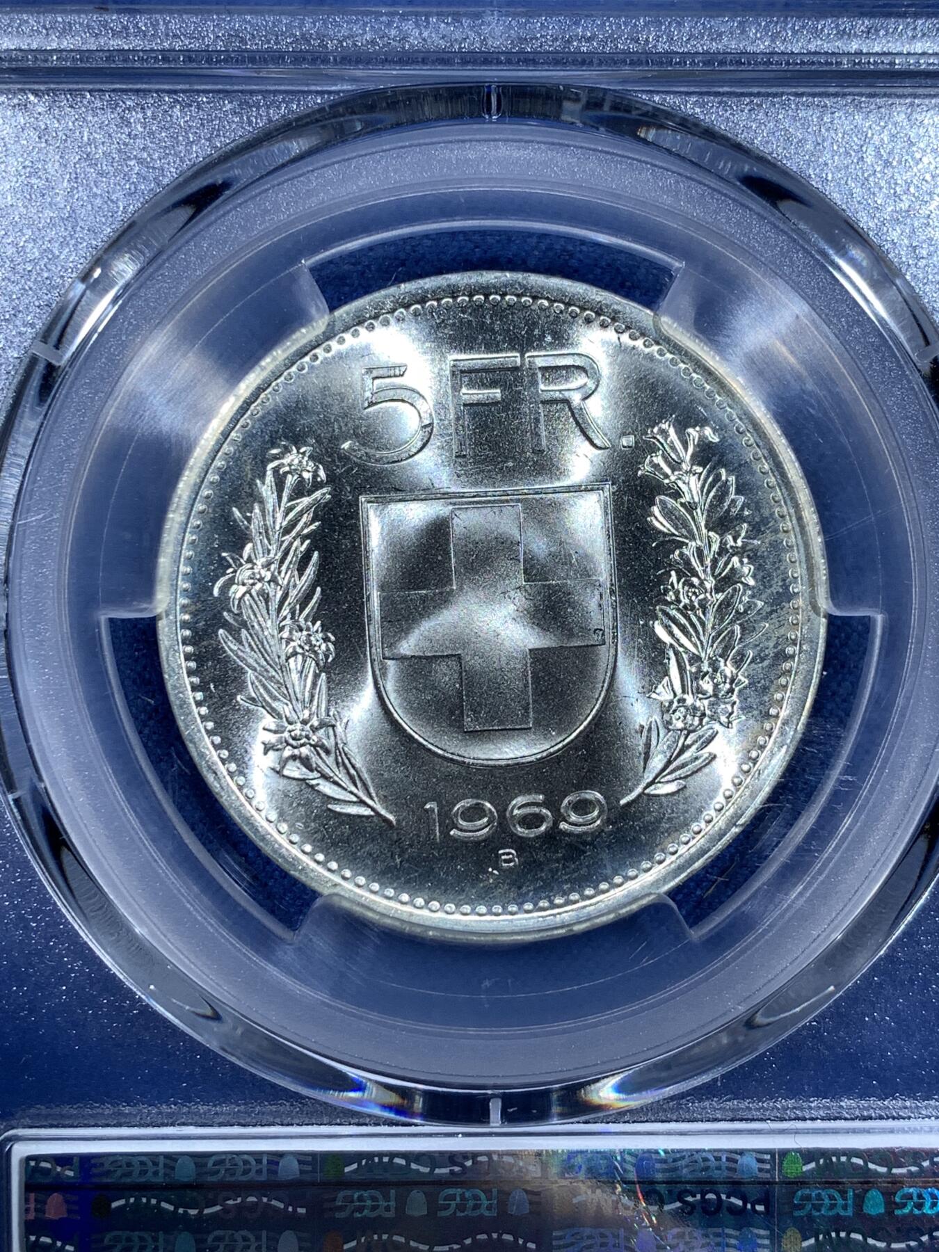 《竞宝斋》第481场 周日，周一 2场连拍 （全场包邮）20级店铺 欢迎送拍 PCGS MS65 瑞士1969年5法郎银币 霜感强烈