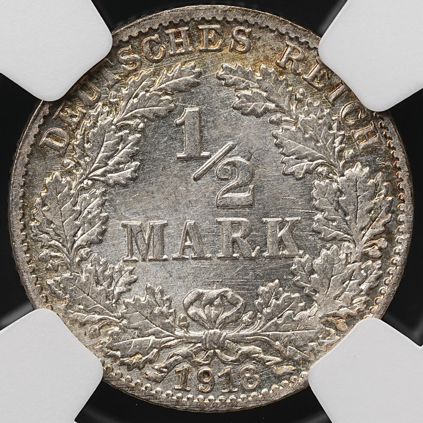 修遠堂世界钱币第112期 NGC MS66 1918年德国1/2马克银币 D厂铭