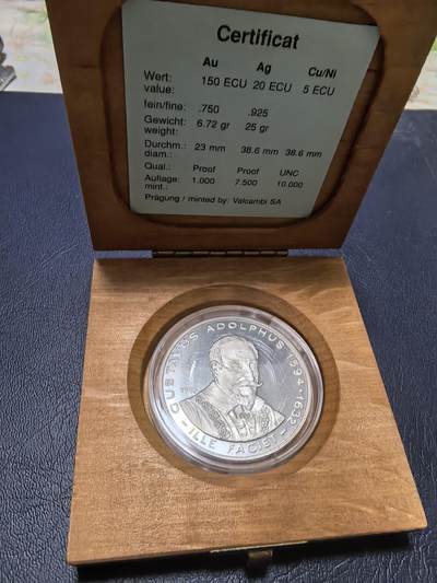 长老汇马年精选第十九场拍卖 瑞典1992年20ECU精制银币 古斯塔夫二世·阿道夫（瑞典国王，被称为：北方雄狮）25克925银 发行量：7千5百 盒证全