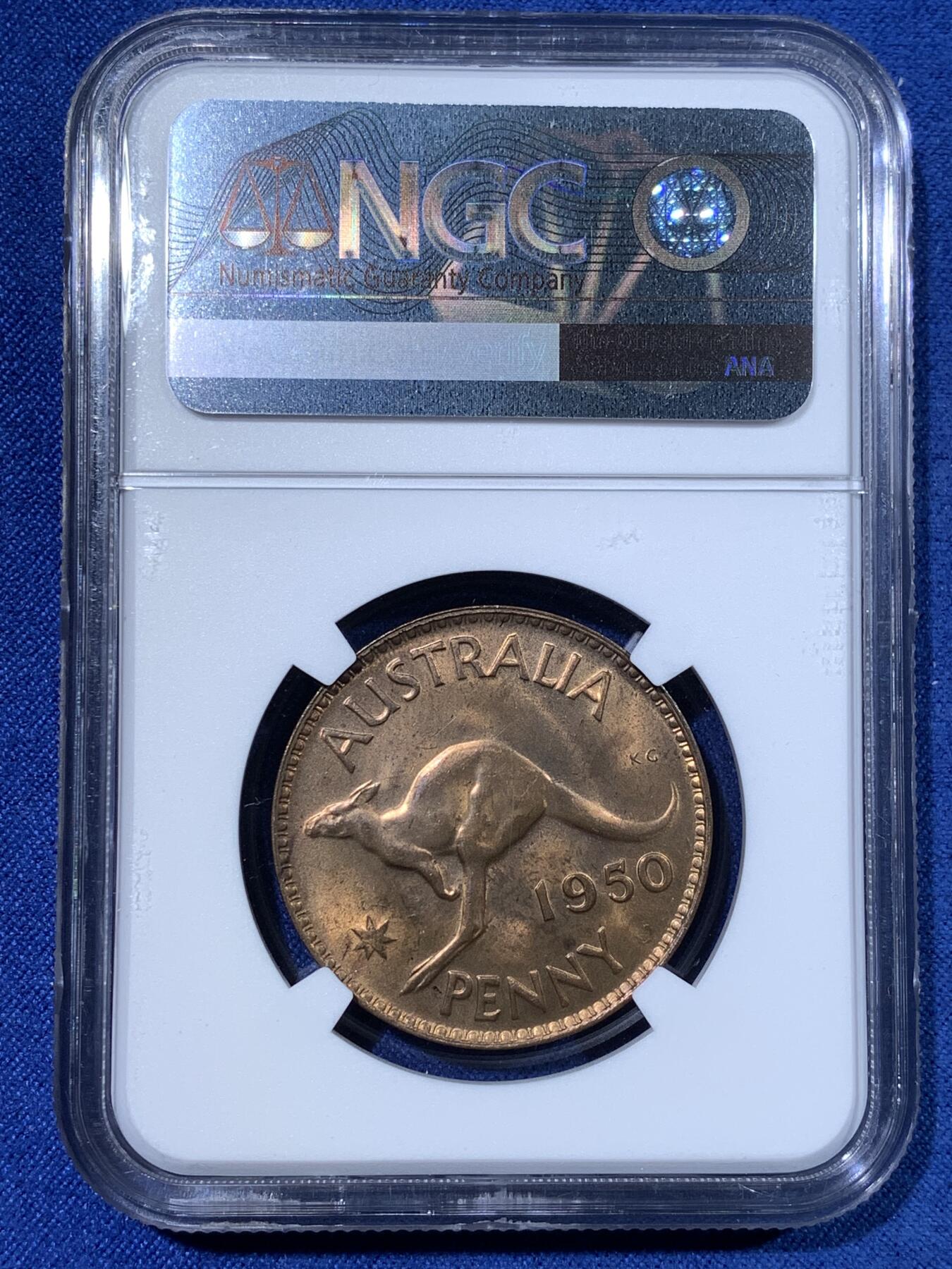 《竞宝斋》第481场 周日，周一 2场连拍 （全场包邮）20级店铺 欢迎送拍 NGC MS64RB 澳大利亚1950年1便士大铜币 M版墨尔本造币厂铸造 跳跃袋鼠图案 铜光亮丽 季军分 更高分3枚