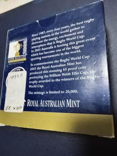 长老汇马年精选第十九场拍卖 澳大利亚2003年5元部分镀金精制银币 世界英式橄榄球比赛 1盎司999银 发行量：2万 盒证全