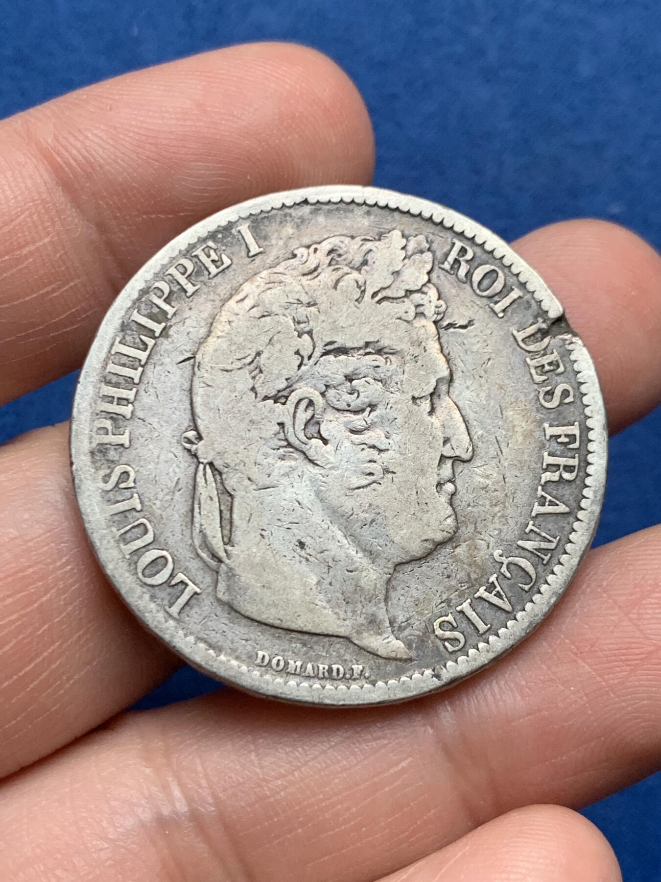 《竞宝斋》第481场 周日，周一 2场连拍 （全场包邮）20级店铺 欢迎送拍 法国菲利普5法郎银币 边缘有验银痕迹