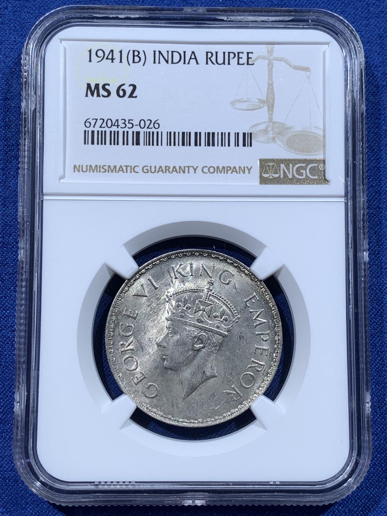 《竞宝斋》第481场 周日，周一 2场连拍 （全场包邮）20级店铺 欢迎送拍 NGC MS62 英属印度1941年乔治六世1卢比银币 不错的分数 状态也好