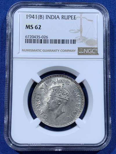 《竞宝斋》第481场 周日，周一 2场连拍 （全场包邮）20级店铺 欢迎送拍 - NGC MS62 英属印度1941年乔治六世1卢比银币 不错的分数 状态也好