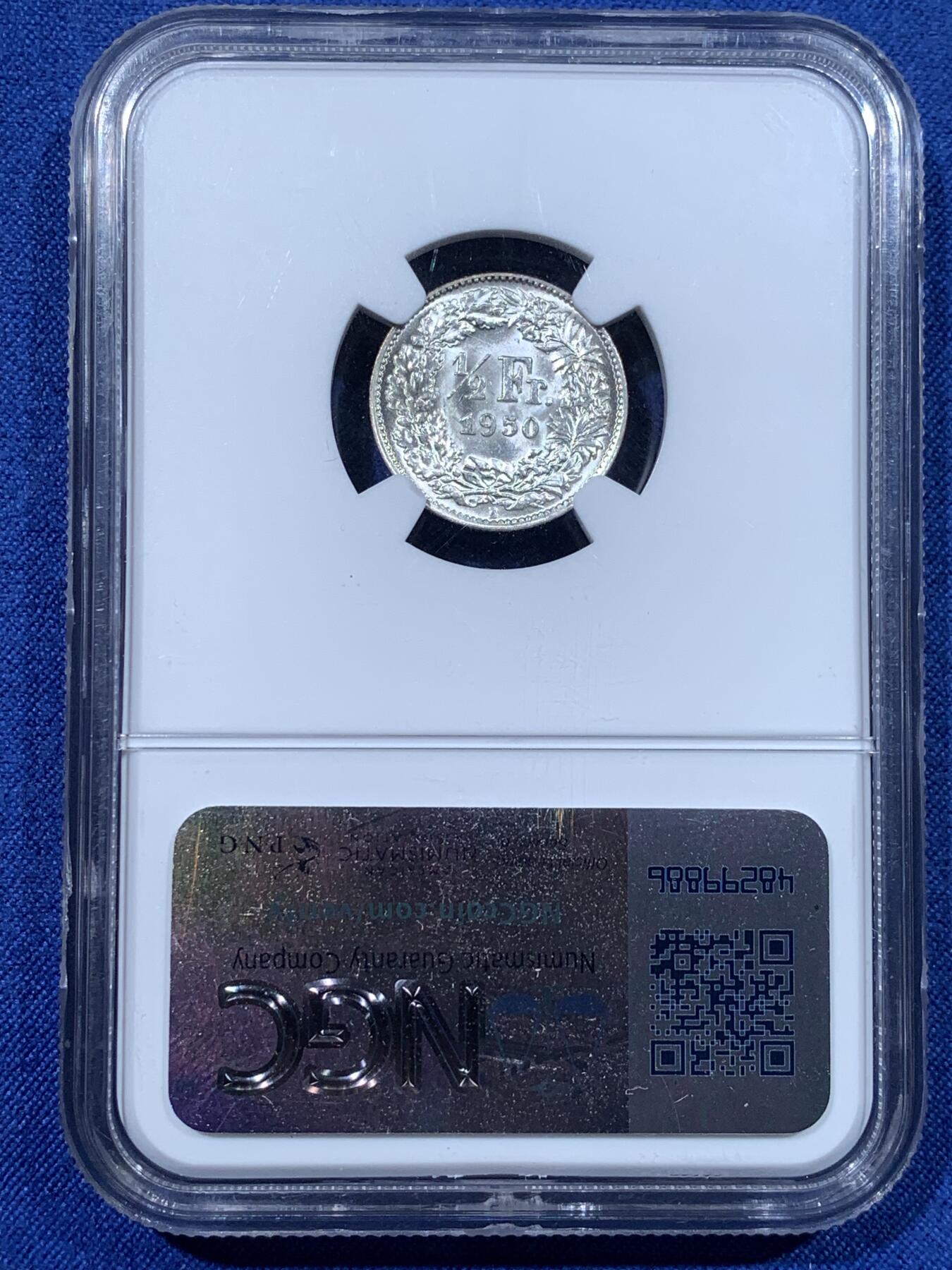 《竞宝斋》第481场 周日，周一 2场连拍 （全场包邮）20级店铺 欢迎送拍 两枚一组 NGC MS61/63 瑞士1950年/1957年女神1/2法郎、1法郎银币