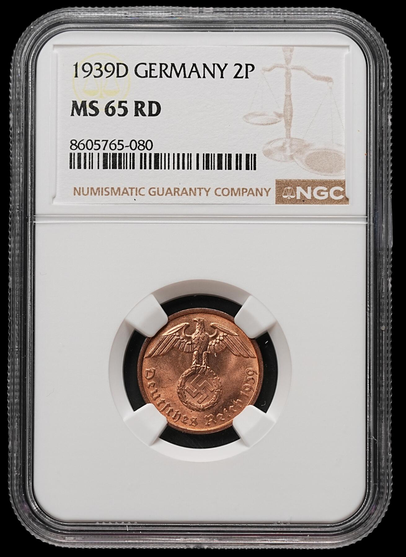 修遠堂世界钱币第112期 NGC MS65RD 1939年德国2芬尼铜币 D厂铭 RD原始全铜光难得