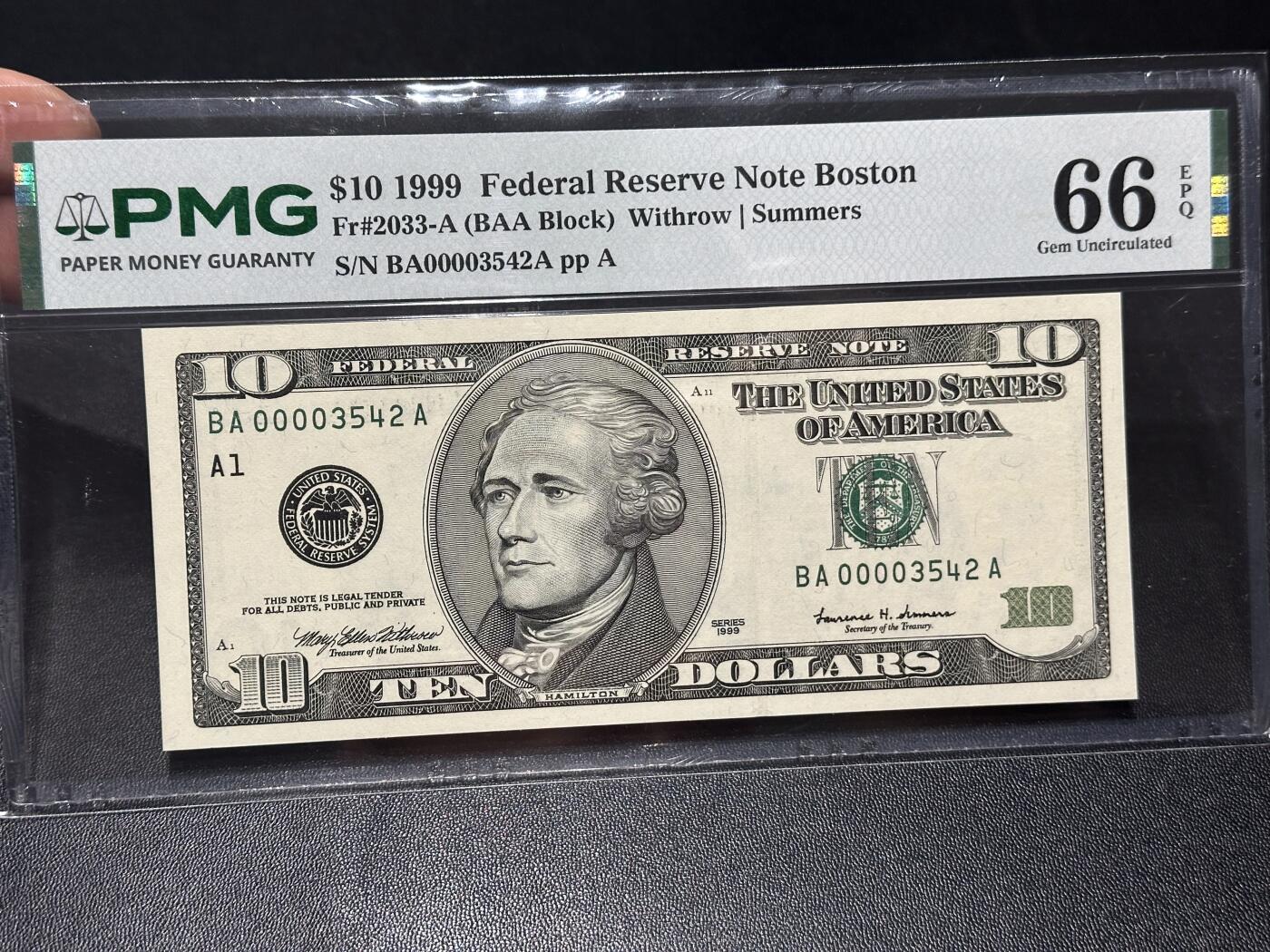 《外钞收藏家》第六百二十八期（精品百拍场）（长期征集拍品、欢迎藏友们联系合作） 1999美国大头版10美元 千位号 PMG66