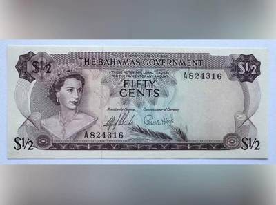 【礼羽收藏】🌏世界钱币拍卖第133期 - 巴哈马 1965年1/2元 彩背 女王 全新UNC