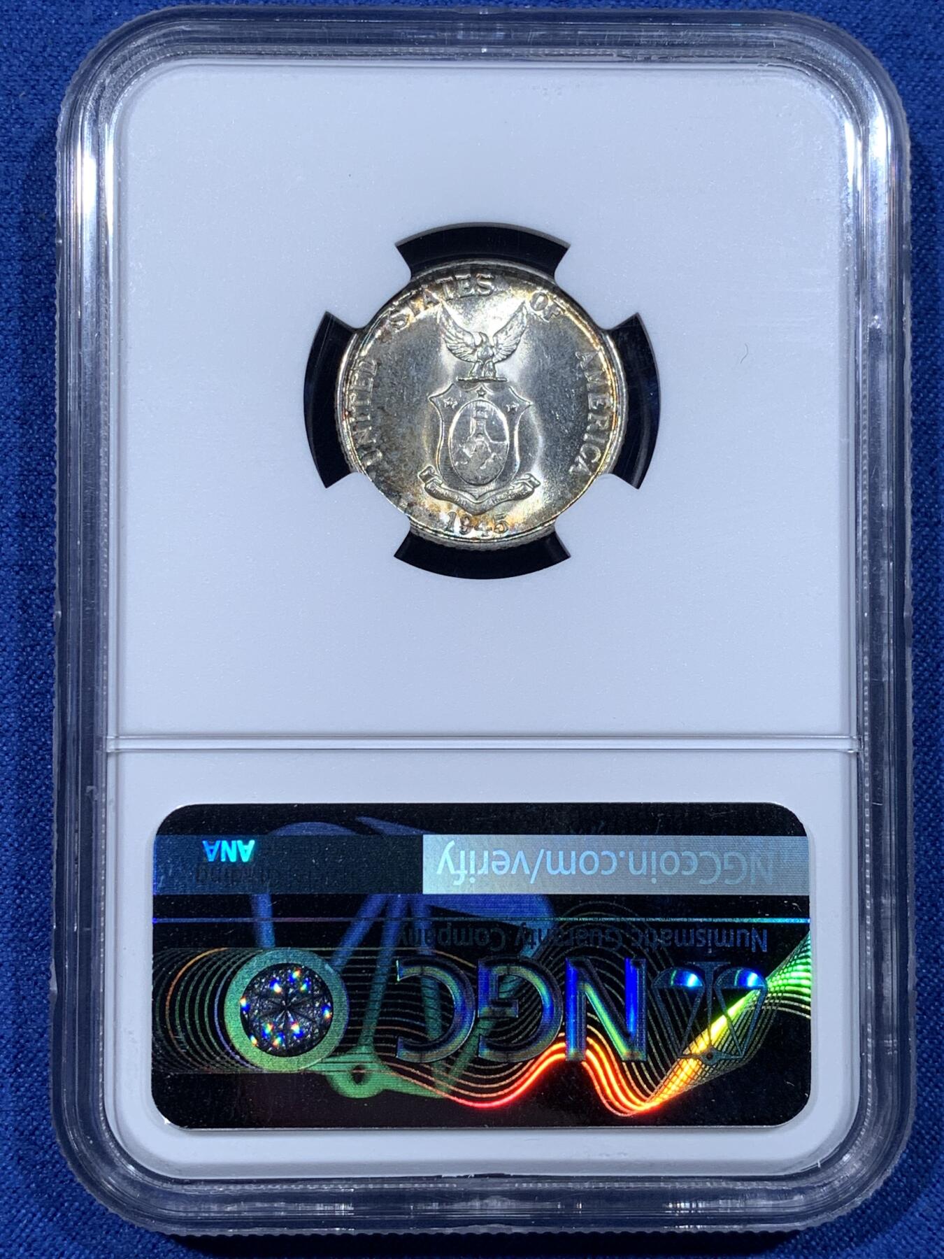 《竞宝斋》第481场 周日，周一 2场连拍 （全场包邮）20级店铺 欢迎送拍 NGC MS63 美属菲律宾1945年20分银币