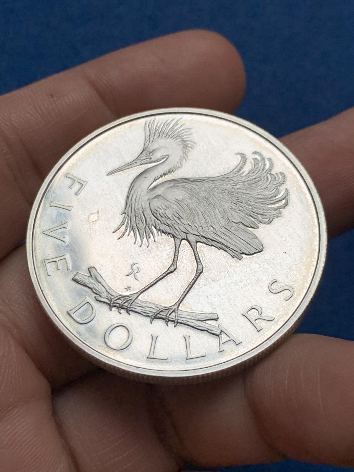 《竞宝斋》第481场 周日，周一 2场连拍 （全场包邮）20级店铺 欢迎送拍 英属维尔京群岛1979年5元苍鹭银币，925银，40.8克，苍鹭图案精美，镜面精制，品相不错，英属维尔京群岛鸟类主题大规格银币，收藏潜力大，细节见图