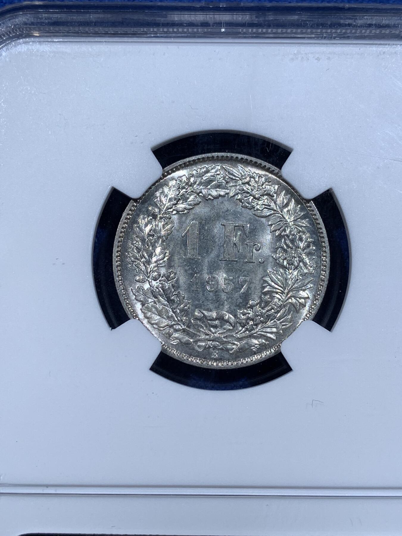 《竞宝斋》第481场 周日，周一 2场连拍 （全场包邮）20级店铺 欢迎送拍 两枚一组 NGC MS61/63 瑞士1950年/1957年女神1/2法郎、1法郎银币