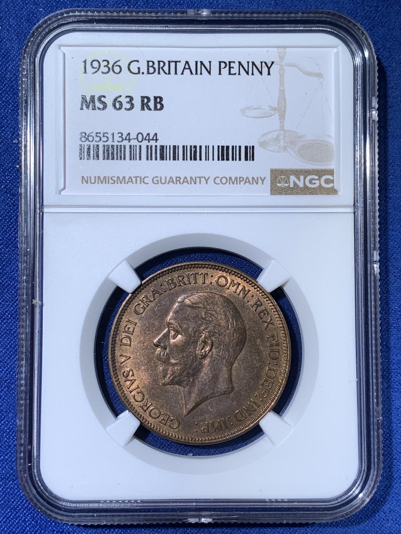 《竞宝斋》第481场 周日，周一 2场连拍 （全场包邮）20级店铺 欢迎送拍 NGC MS63RB 英国1936年乔五1便士 英系经典品种，背面经典不列颠女神形象深入人心