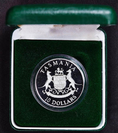 【俄甄集藏】满园春色-2026年(051)04-22星期三 晚 19:30 全场包邮 - 澳大利亚1991年行政区系列-塔斯马尼亚州10元精制银币，原盒证，重20克，925银，发行量27664枚