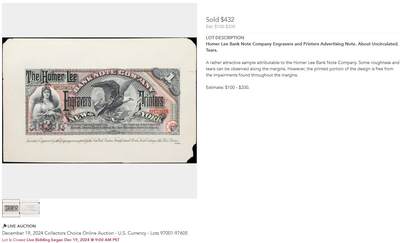【Blue Auction】世界纸币精拍第811期——18级TOP拍卖/信誉/品质/专业/高效💫 美国1881年HLBNC钢版雕刻测试钞 PMG65EPQ（该公司彼时由Thomas F. Morris任主管 推出此券后一炮而红 在1883年击败ABNC赢得美国邮政首个四年期印刷合同 1891年被ABNC并购后Morris成为ABNC首席设计师）（1893年Morris出任BEP雕刻部部长 主持包括‘1896年教育券’在内的美国钞券史上多个重大项目 是近现代美元纸币雕刻体系的奠基人）