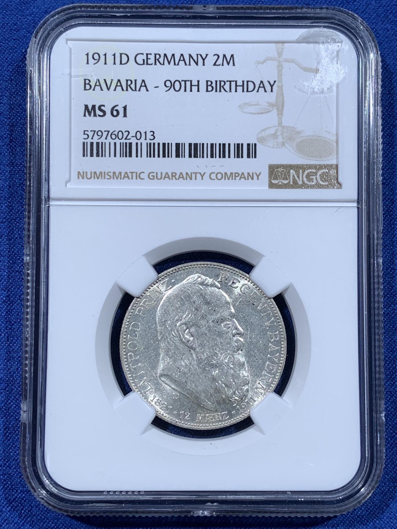 《竞宝斋》第481场 周日，周一 2场连拍 （全场包邮）20级店铺 欢迎送拍 NGC MS61 德国 1911D 巴伐利亚摄政王 柳特波德 90大寿 2马克银币