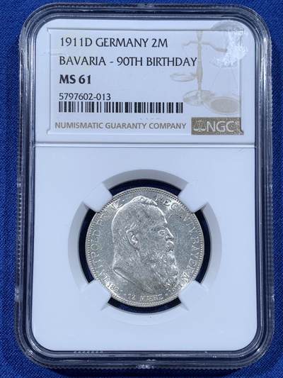 《竞宝斋》第481场 周日，周一 2场连拍 （全场包邮）20级店铺 欢迎送拍 - NGC MS61 德国 1911D 巴伐利亚摄政王 柳特波德 90大寿 2马克银币