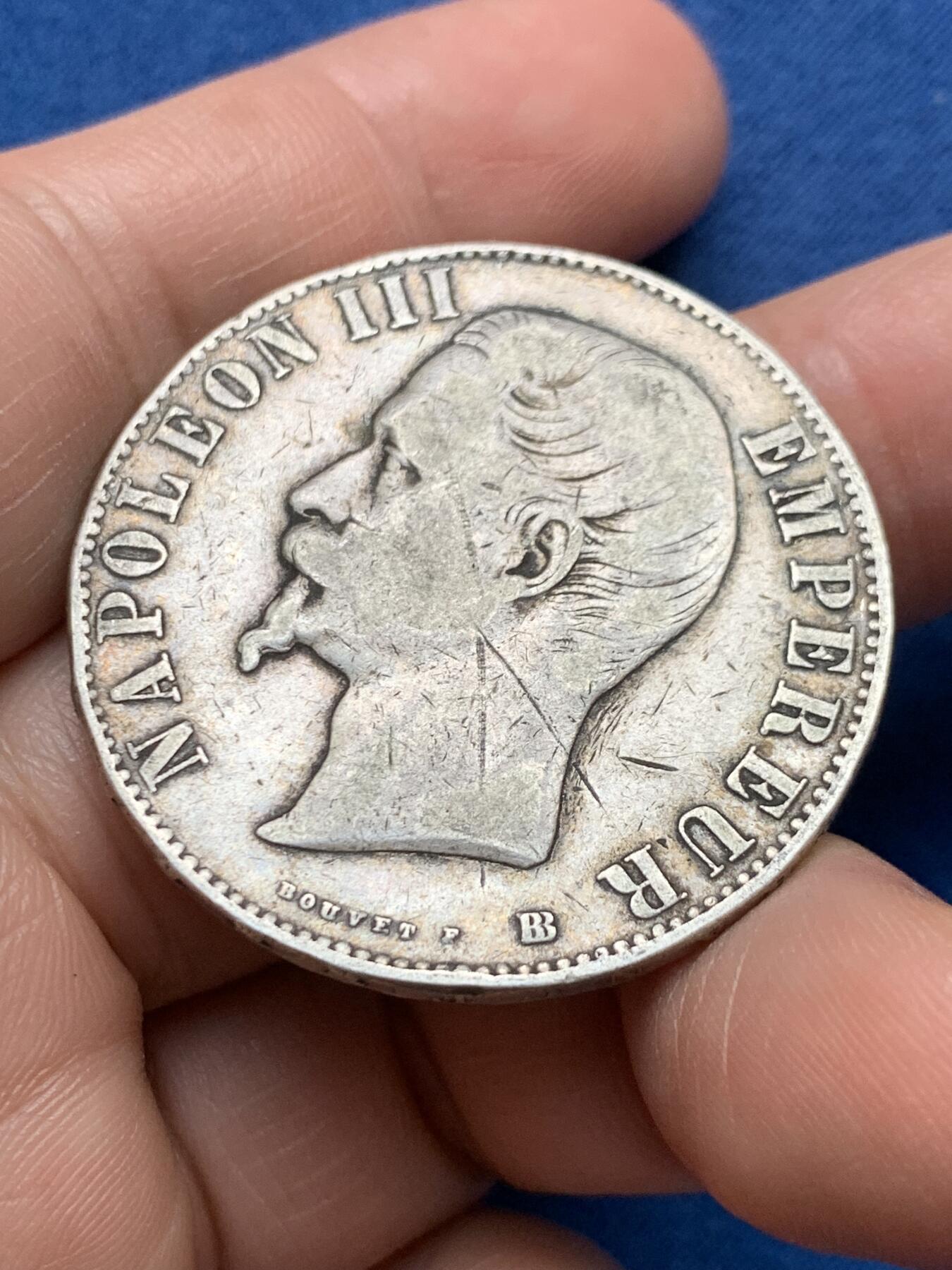 《竞宝斋》第481场 周日，周一 2场连拍 （全场包邮）20级店铺 欢迎送拍 法国1855年BB过渡版拿破仑三世5法郎银币，少见版