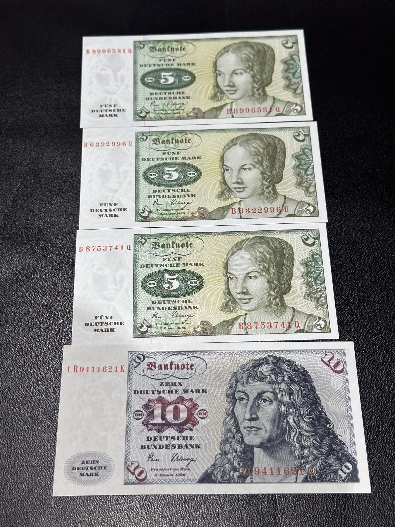 《外钞收藏家》第六百二十八期（精品百拍场）（长期征集拍品、欢迎藏友们联系合作） 1980年德国5马克 3张一起 +10马克全新一个角不绝