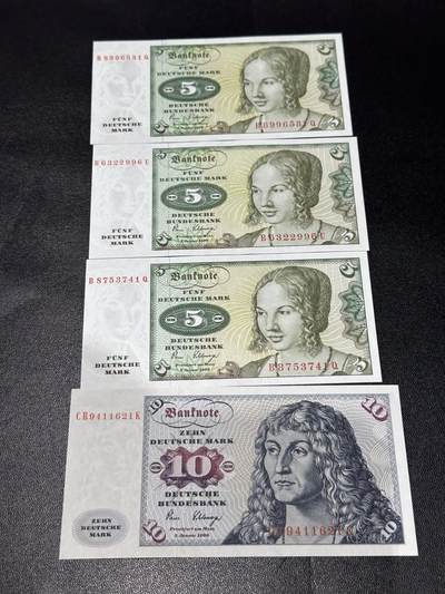 《外钞收藏家》第六百二十八期（精品百拍场）（长期征集拍品、欢迎藏友们联系合作） - 1980年德国5马克 3张一起 +10马克全新一个角不绝