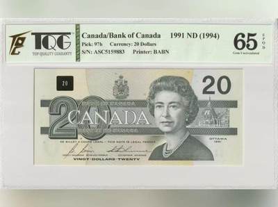 【礼羽收藏】🌏世界钱币拍卖第133期 - 加拿大 1991年20元 鸟版 TQG65EPQD