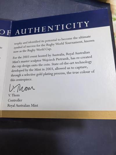 长老汇马年精选第十九场拍卖 澳大利亚2003年5元部分镀金精制银币 世界英式橄榄球比赛 1盎司999银 发行量：2万 盒证全