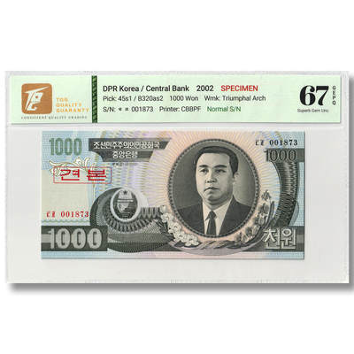 2002年朝鲜-第四版纸币1000元大章版-样票 数字版  TQG评级 67GEPQ - 2002年朝鲜-第四版纸币1000元大章版-样票 数字版  TQG评级 67GEPQ