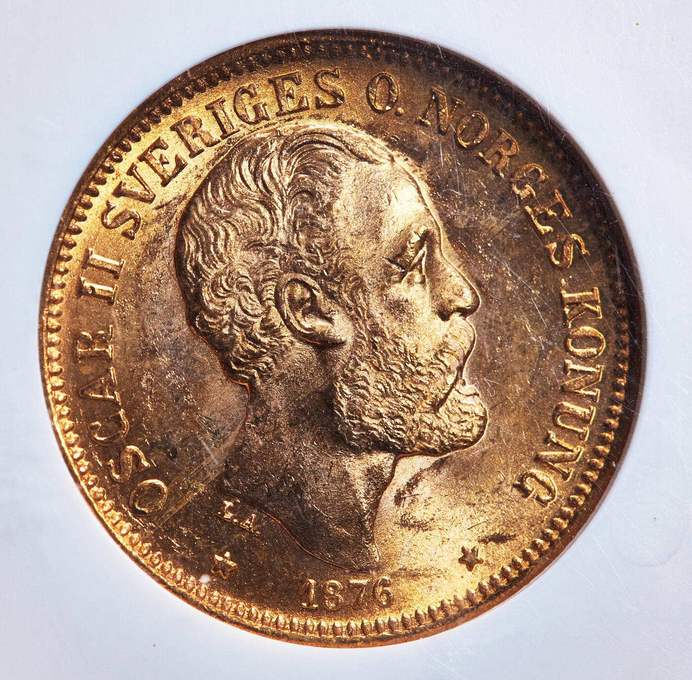 【俄甄集藏】满园春色-2026年(051)04-22星期三 晚 19:30 全场包邮 瑞典1876年奥斯卡二世EB版20克朗金币，NGC MS64，转光品相，重8.9606克，900金，名誉品种