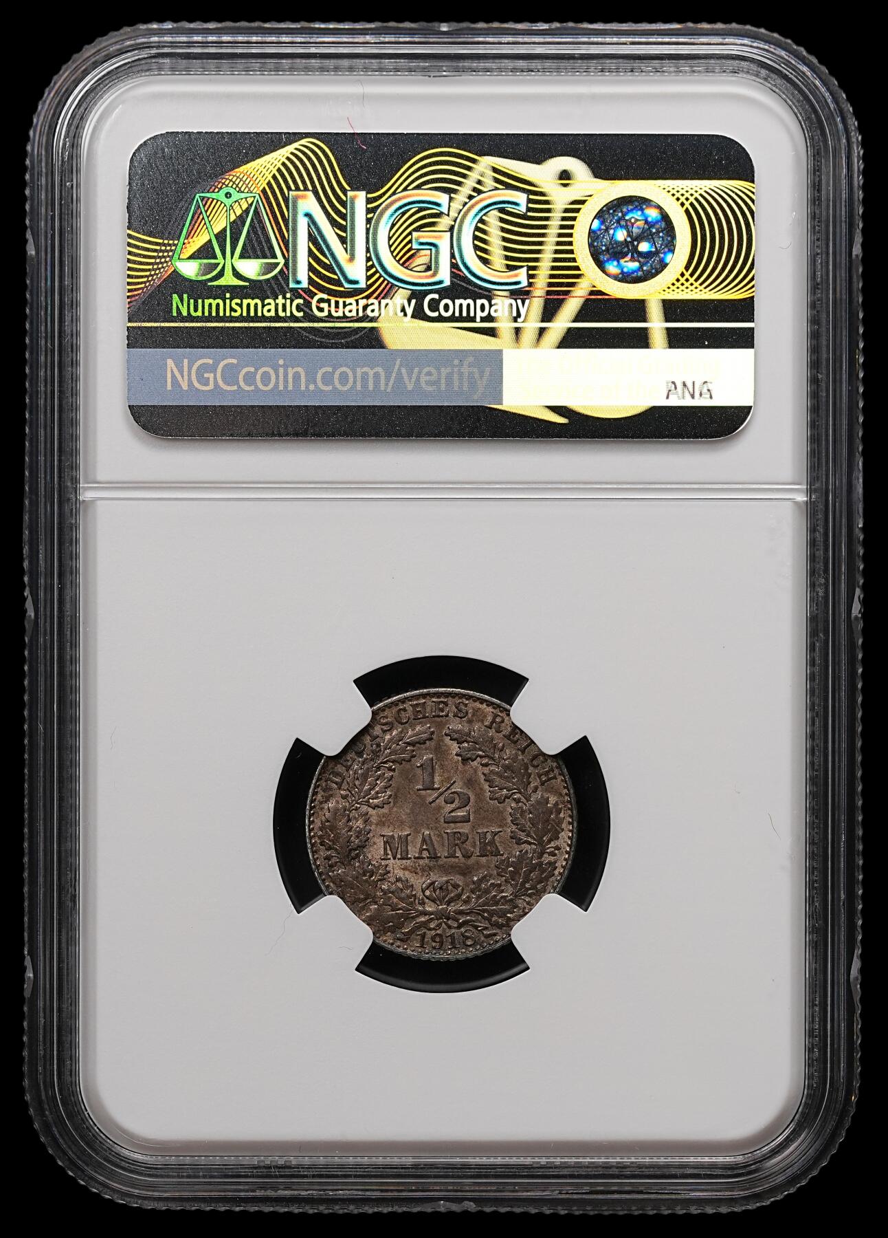 修遠堂世界钱币第112期 NGC MS62 1918年德国1/2马克银币 E厂铭