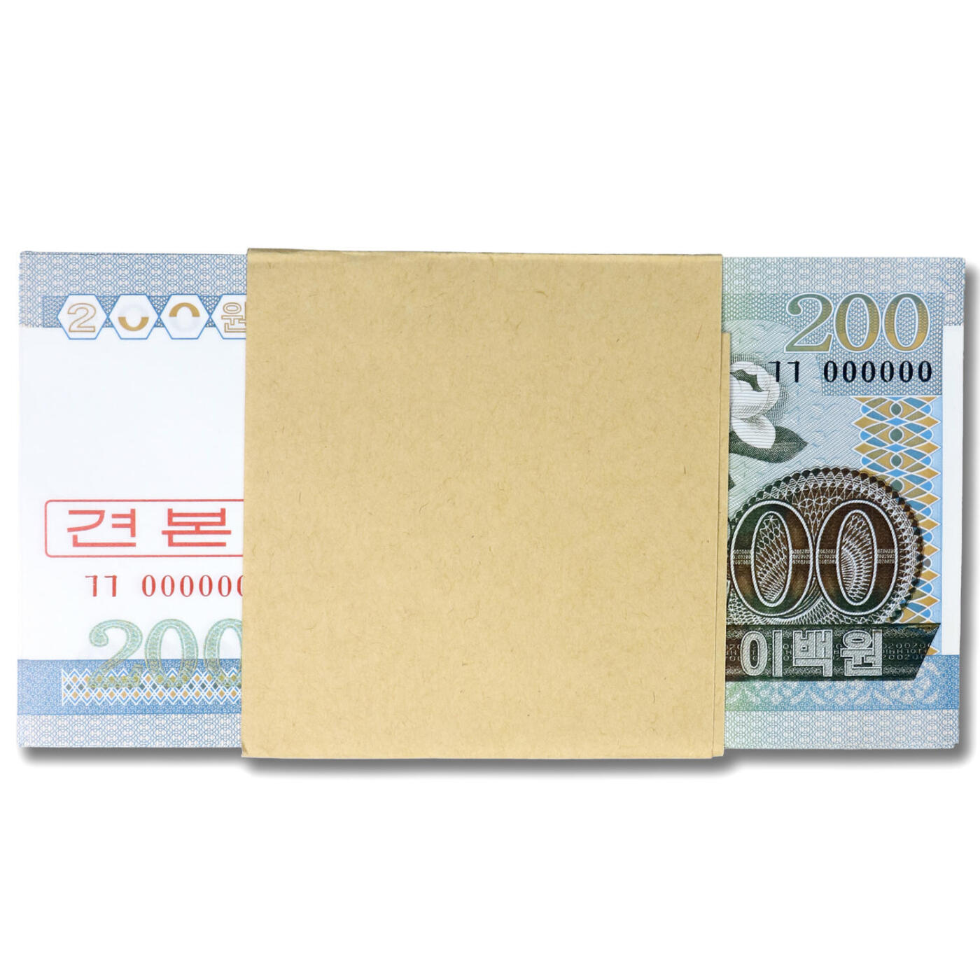 2005年朝鲜-第四版纸币200元小章版-票样整刀100张小章版全零票样，整刀100张