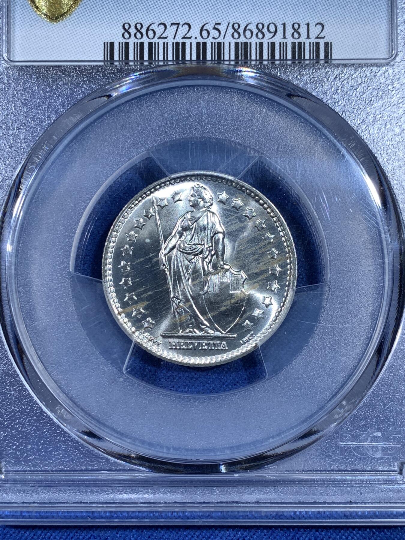 《竞宝斋》第481场 周日，周一 2场连拍 （全场包邮）20级店铺 欢迎送拍 PCGS MS65 瑞士1960年B版赫尔维蒂亚1法郎银币