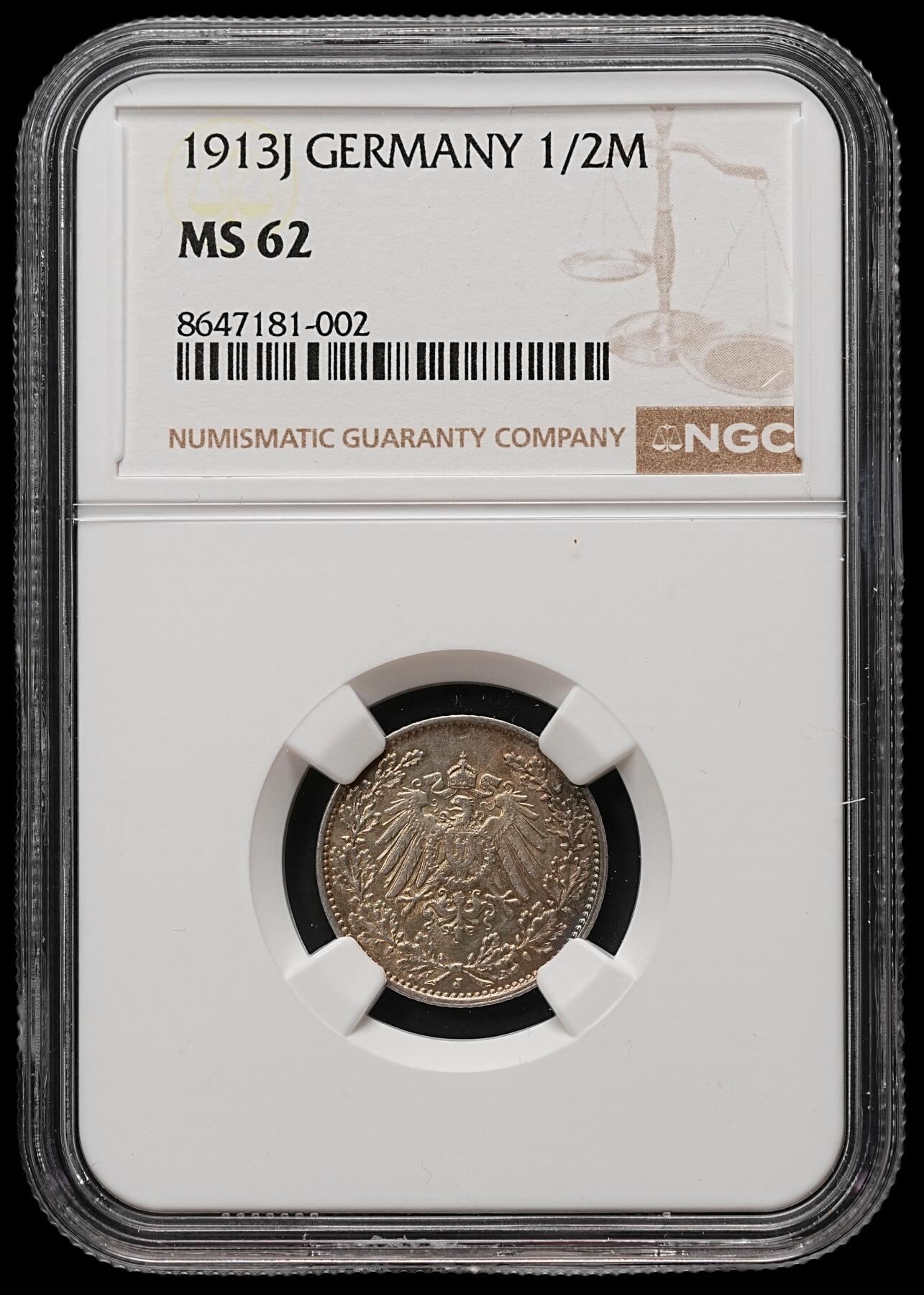修遠堂世界钱币第112期 NGC MS62 1913年德国1/2马克银币，J厂铭，少见年份厂铭，仅80多万铸造量