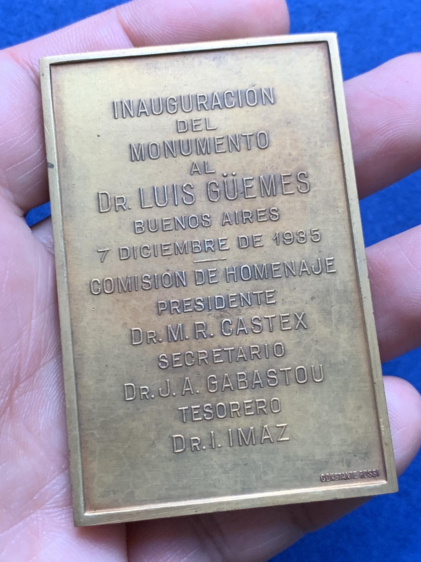 《竞宝斋》第481场 周日，周一 2场连拍 （全场包邮）20级店铺 欢迎送拍 原盒装 阿根廷1935年方型纪念铜章 74.3g 44*67mm