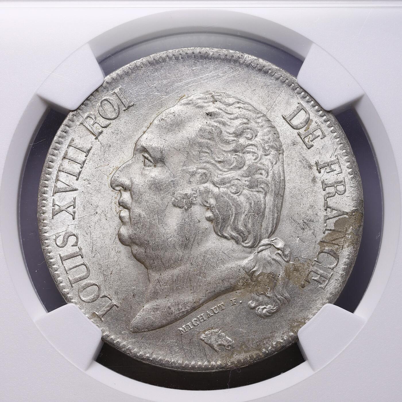 观钱 近现代机制币拍卖No.009（全场顺丰包邮，不区分偏远地区）  1821-W 法国路易十八 5 法郎银币（里尔造币厂） NGC MS61 波旁王朝的鸢尾花盾徽精致漂亮