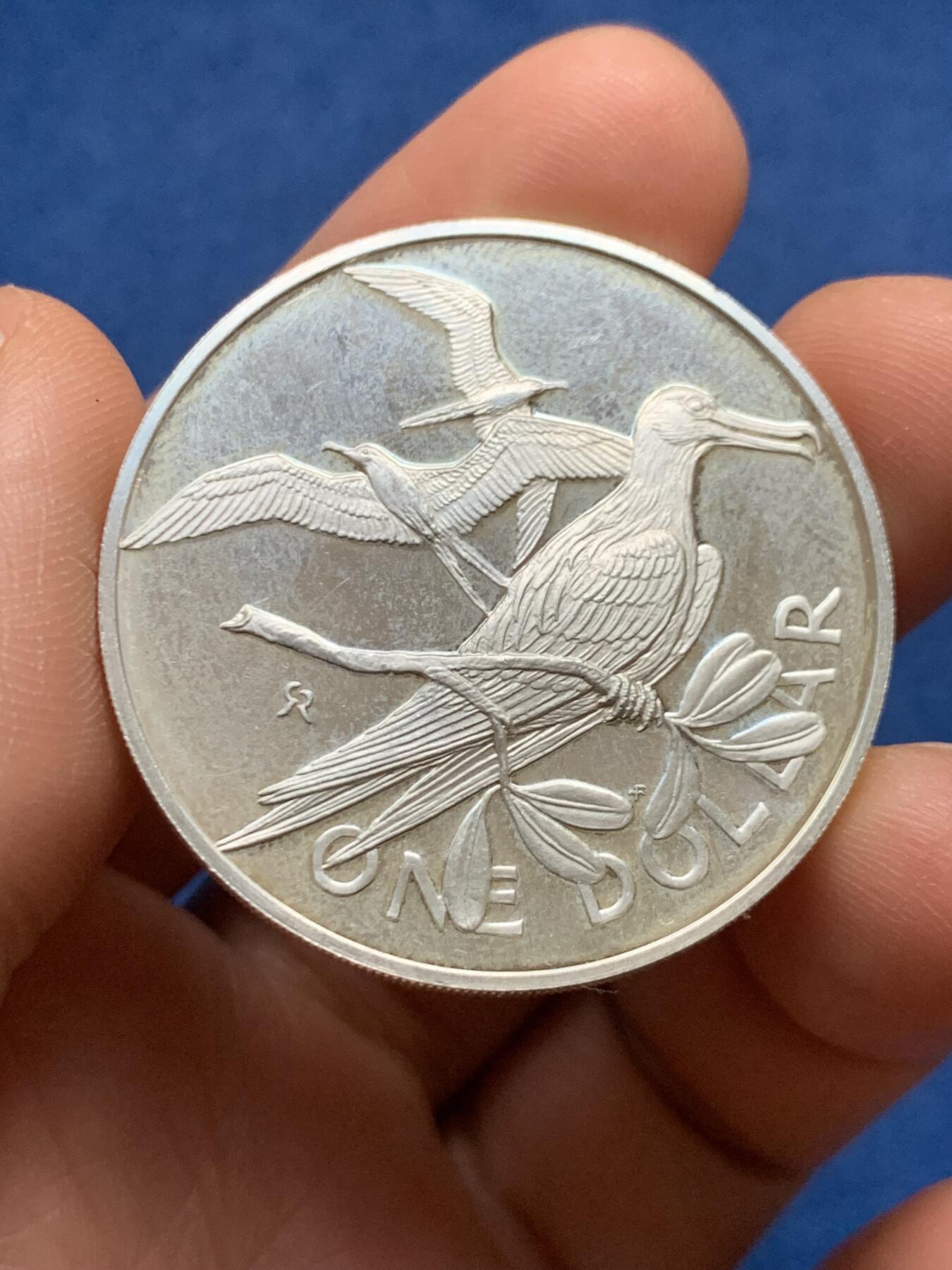 《竞宝斋》第481场 周日，周一 2场连拍 （全场包邮）20级店铺 欢迎送拍 英属维尔京群岛1979年1元海鸟银币，925银，25.3克，热带海鸟主题，浮雕栩栩如生，镜面工艺，品相好，世界鸟类银币系列收藏级品种