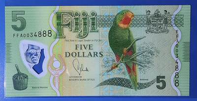 斐济 2013年 5元 塑料钞 豹子号 首发冠 FFA 0034888 UNC一张 如图 - 斐济 2013年 5元 塑料钞 豹子号 首发冠 FFA 0034888 UNC一张 如图