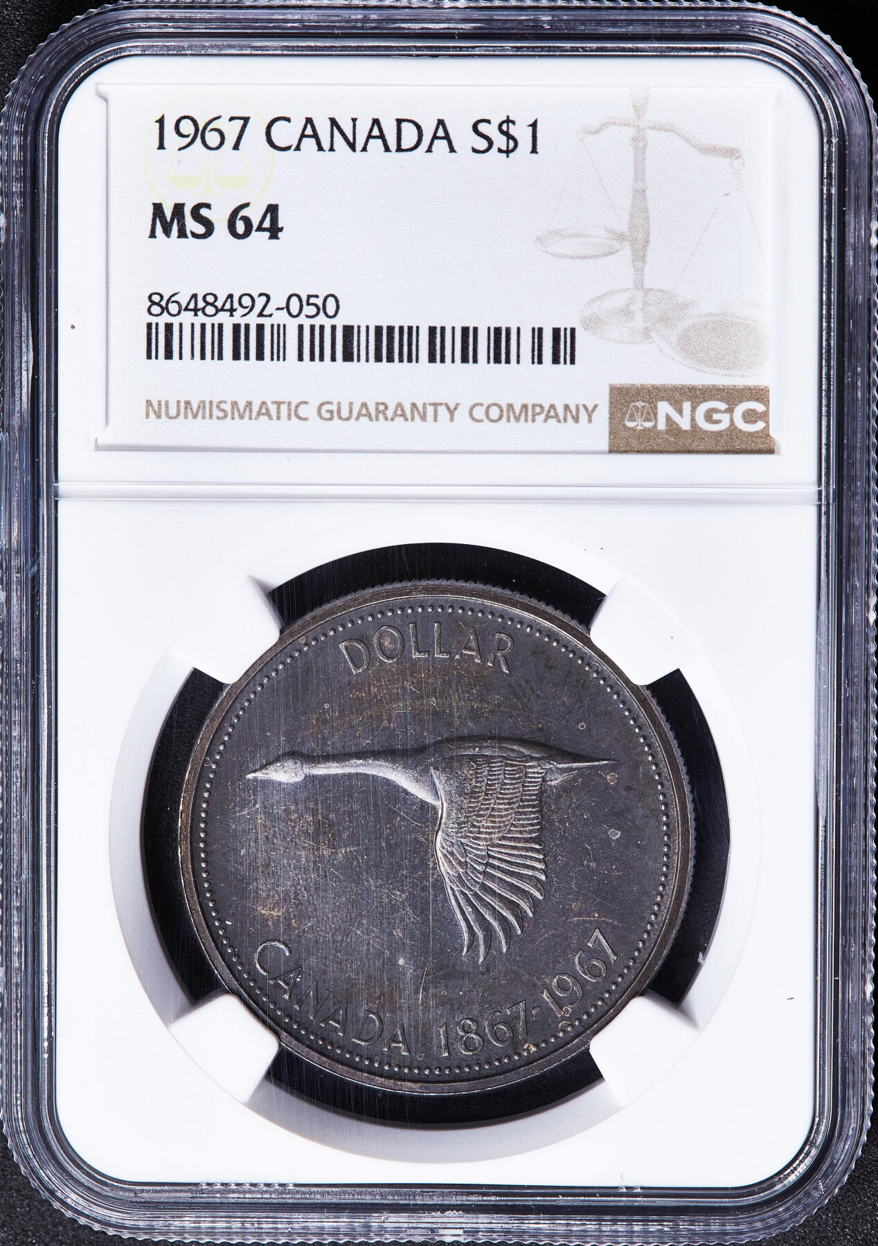 【俄甄集藏】满园春色-2026年(051)04-22星期三 晚 19:30 全场包邮 加拿大1967年纪念加拿大成立100周年加拿大鹅1元银币，NGC MS64，重23.33克，800银，原味酱彩包浆，币完好，划痕为盒子上