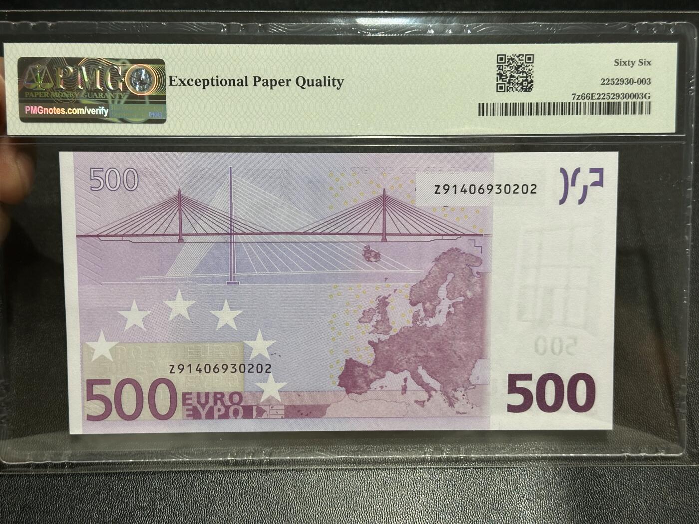 《外钞收藏家》第六百二十八期（精品百拍场）（长期征集拍品、欢迎藏友们联系合作） 2002年一签500欧元 比利时版 PMG66