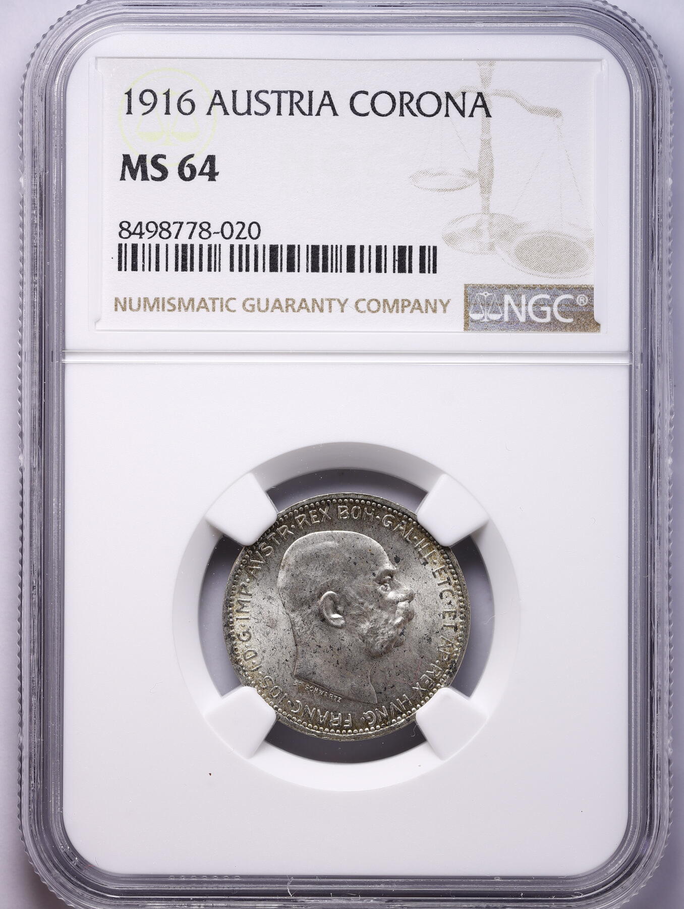 观钱 近现代机制币拍卖No.009（全场顺丰包邮，不区分偏远地区）  1916 年奥匈帝国弗朗茨・约瑟夫一世 1 克朗（Corona）银币 NGC MS64 在位最后一年发行的银币