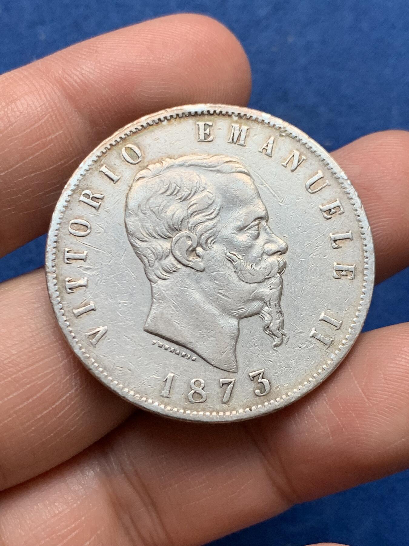 《竞宝斋》第481场 周日，周一 2场连拍 （全场包邮）20级店铺 欢迎送拍 意大利1873年伊曼纽尔二世5里拉银币 24.9克