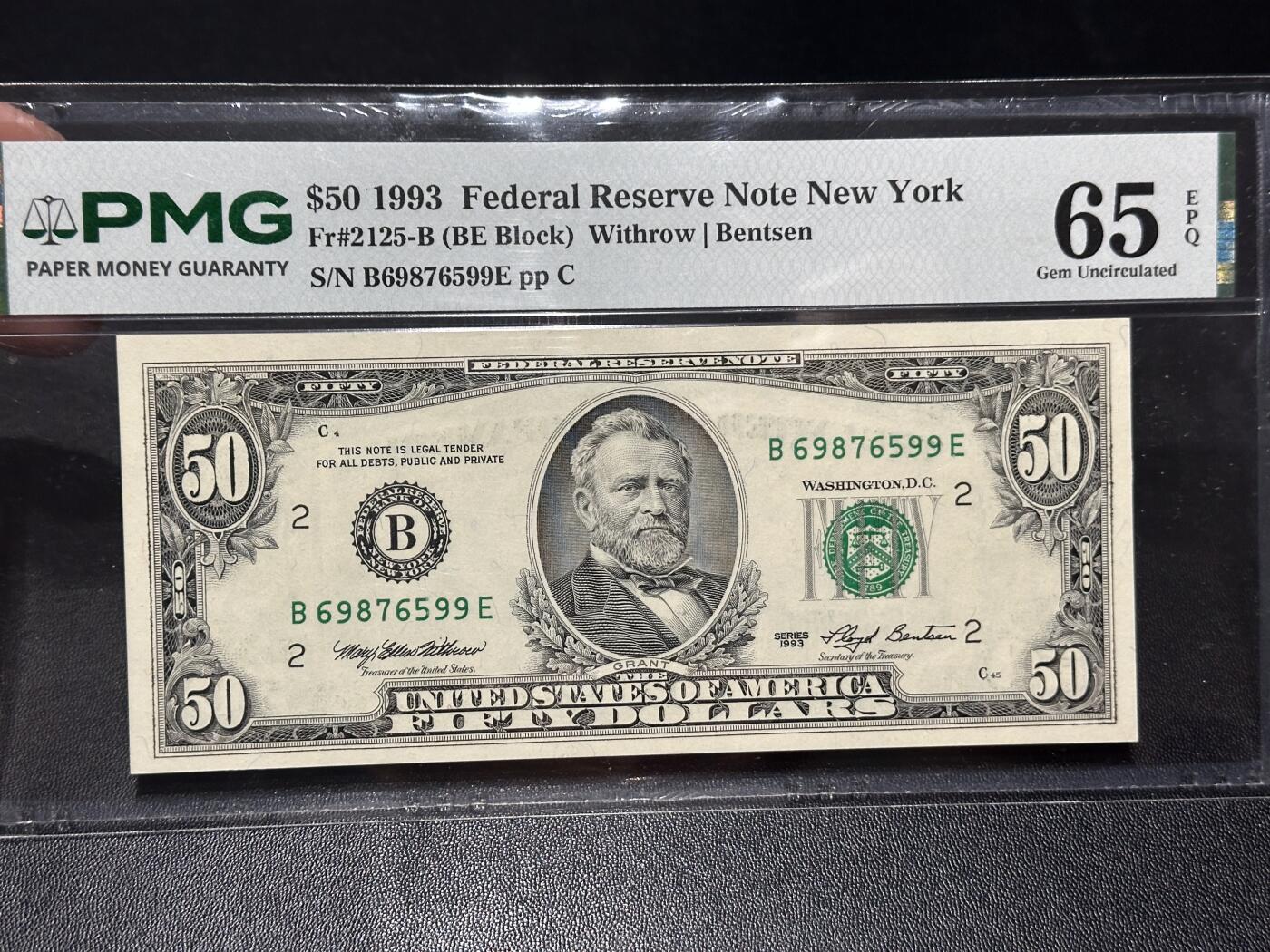 《外钞收藏家》第六百二十八期（精品百拍场）（长期征集拍品、欢迎藏友们联系合作） 1993年美国小头版50美元 PMG65 尾599